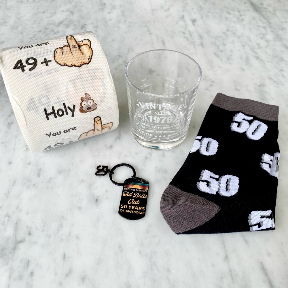 50th Birthday Gift Set - Novelty Socks, Whiskey Glass, Keychain & Toilet Paper